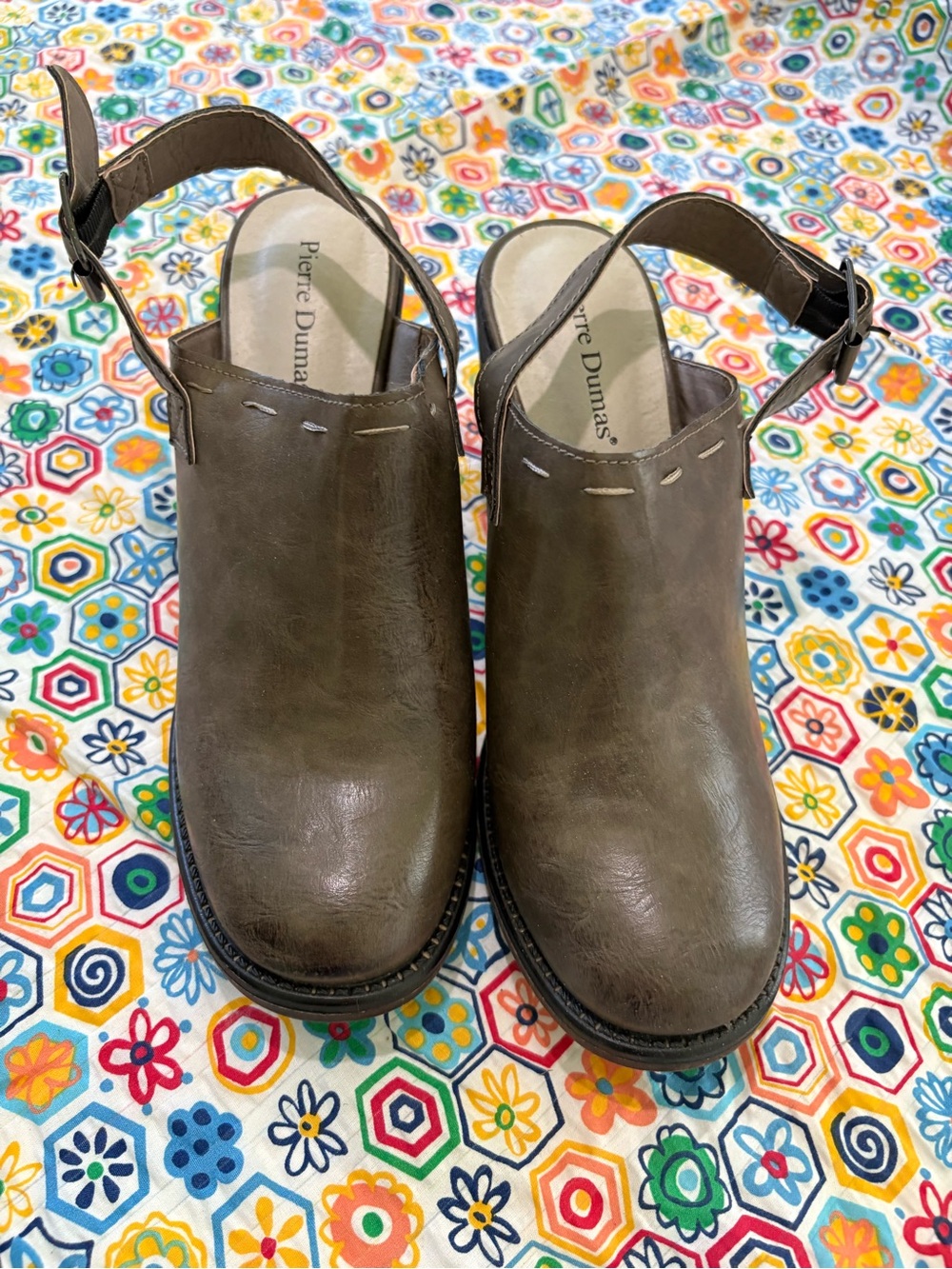 Pierre Dumas Olive Brown Leather Slingback Clogs